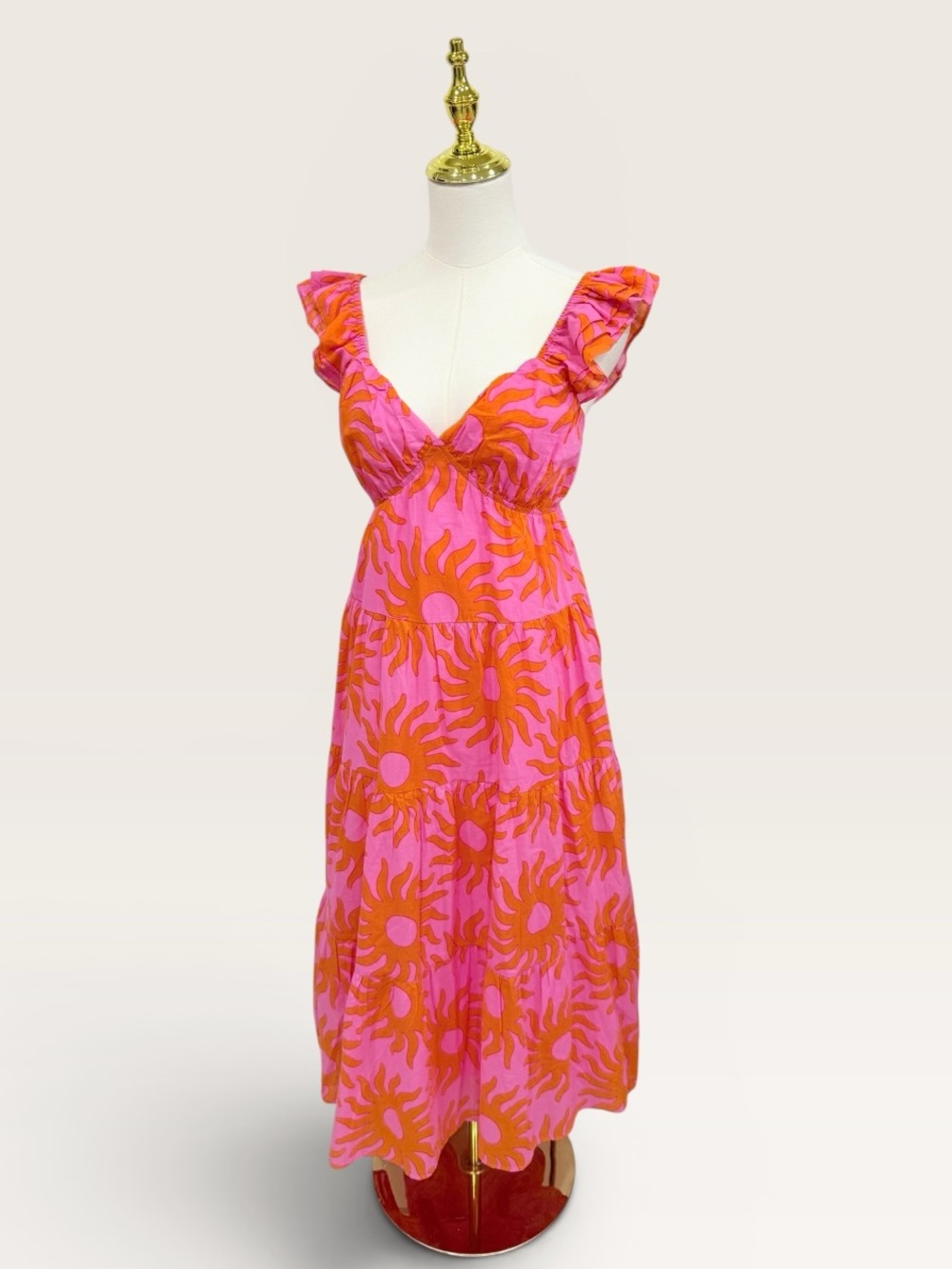 J.Marie Mara Ruffle Strap Tie Back Pink Orange Sun Print Cotton Midi Dress NWT - Picture 9 of 16